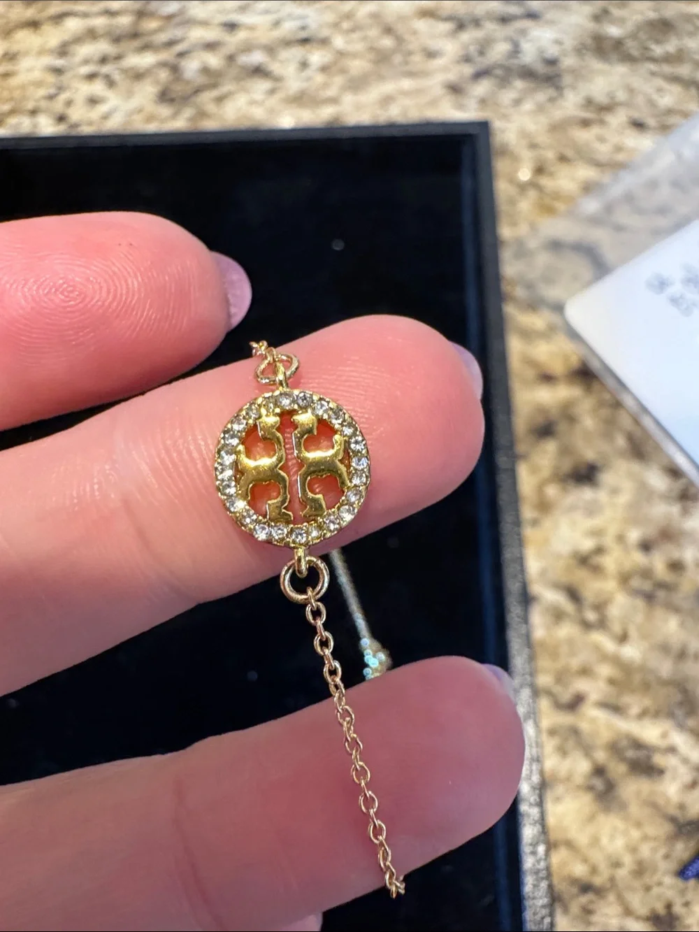 Tory Burch Gold Logo Disc Chain Bracelet with Pavé Detail